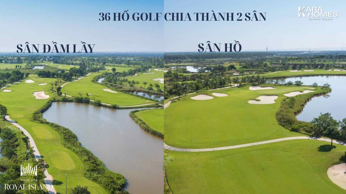 36 hố Vinpearl Golf chia thành 02 sân : Sân Đầm Lầy & Sân Hồ; 27 hố chơi được ban đêm