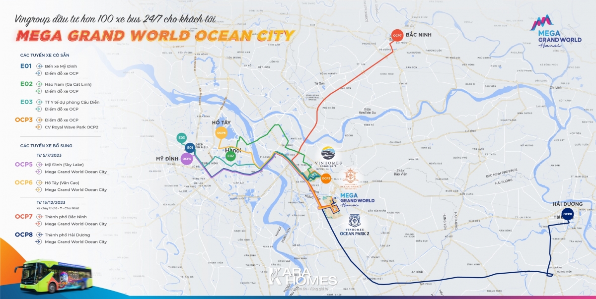 Mạng lưới các chuyến xe VinBus do Tập đoàn Vingroup điều hành, kết nối từ Hà Nội tới Ocean City