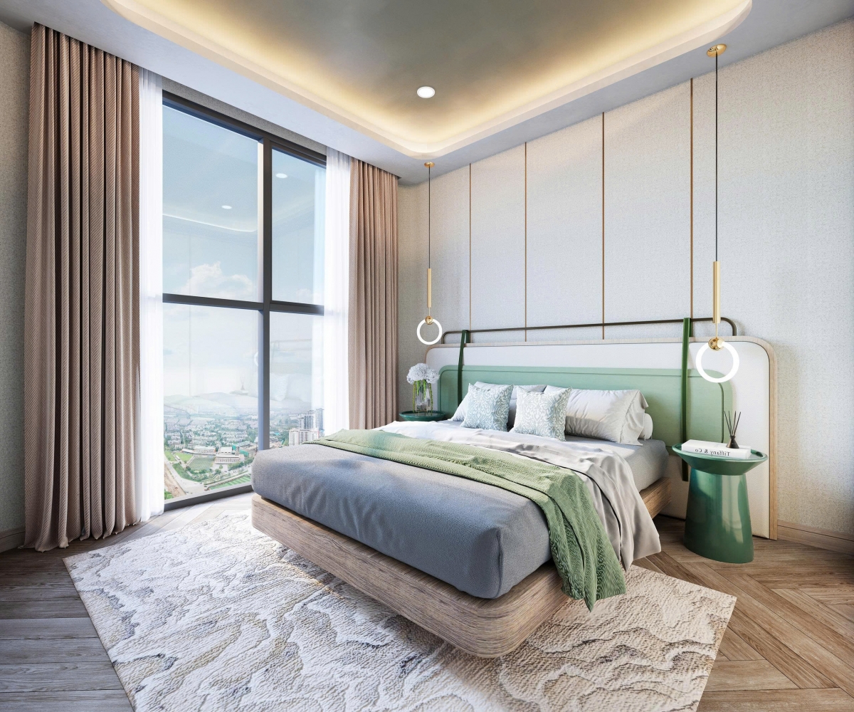 Giường ngủ, tủ áo âm tường, bàn trang điểm đều được đồng bộ trong một bảng màu trầm nhẹ, gợi cảm giác yên bình