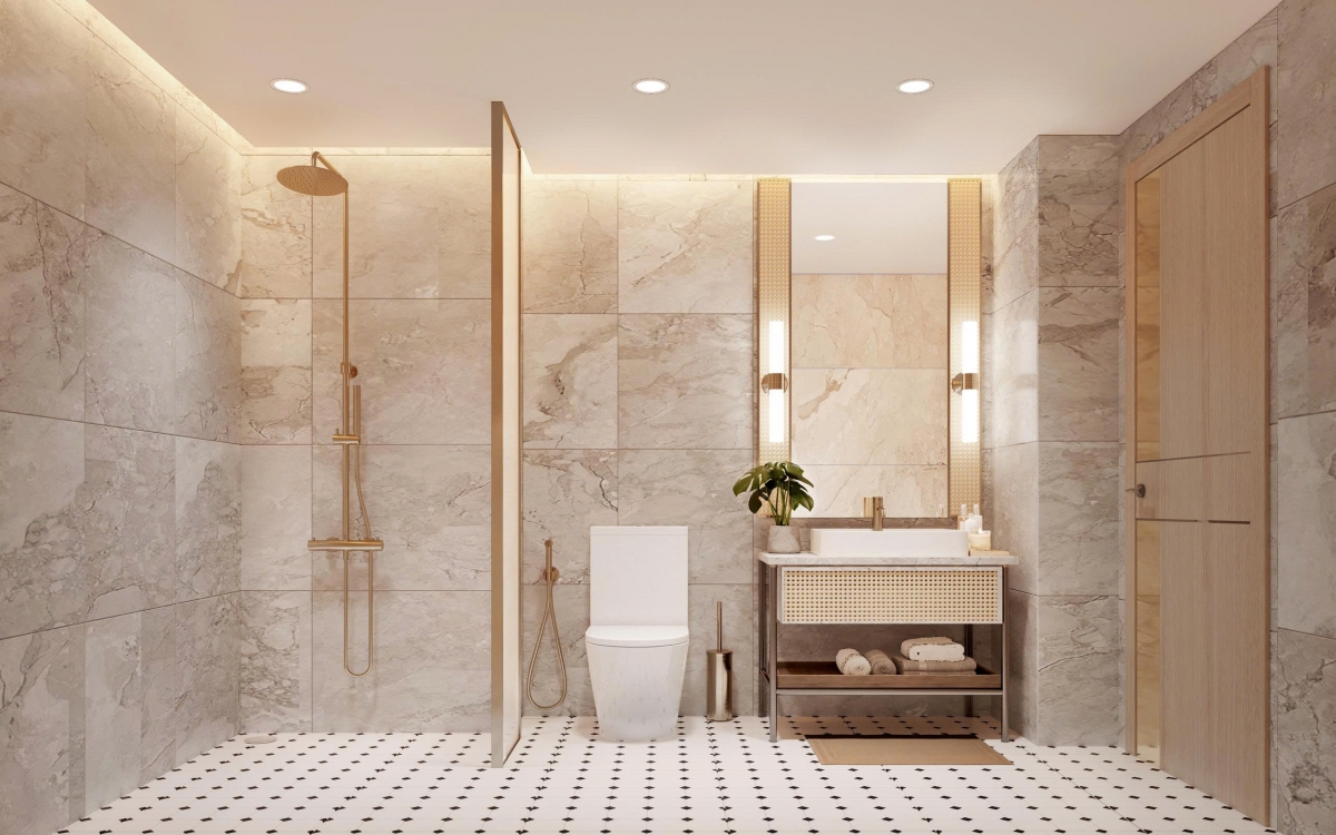 Phòng tắm sử dụng thiết bị cao cấp, vách kính cường lực, sen tắm nhiệt độ, mặt bàn đá tự nhiên cùng hệ thống đèn LED cảm biến.