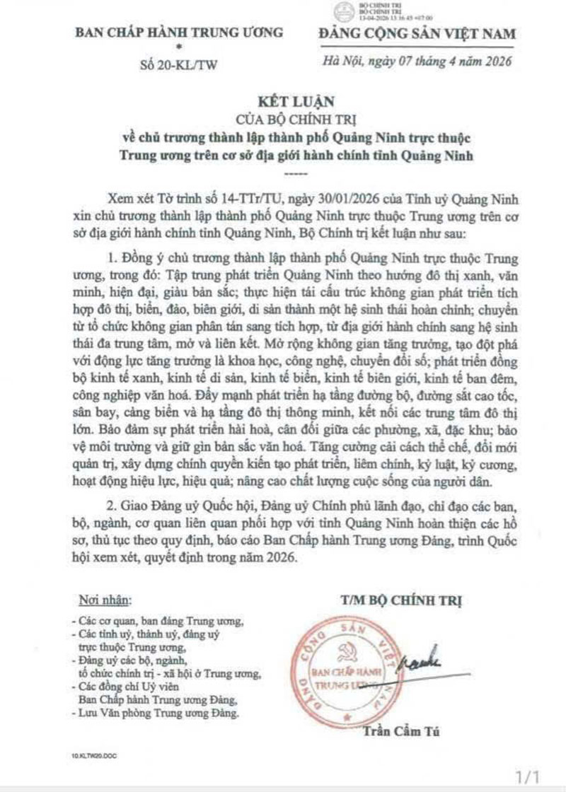 Bộ chính trị đã đồng ý chủ trương Quảng Ninh lên thành phố trực thuộc Trung Ương 