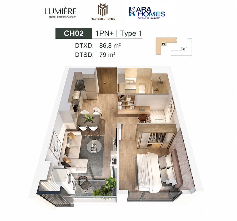 Dòng căn 1PN+ Lumiere The Petal sở hữu diện tích lên tới 94m²