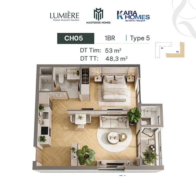 Layout căn 1PN Lumiere The Petal diện tích lớn