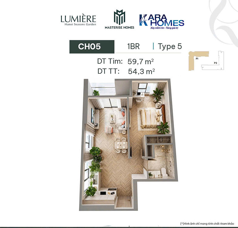 Thiết kế phòng khách liền bếp giúp căn 1PN luôn rộng và thoáng hơn thực tế