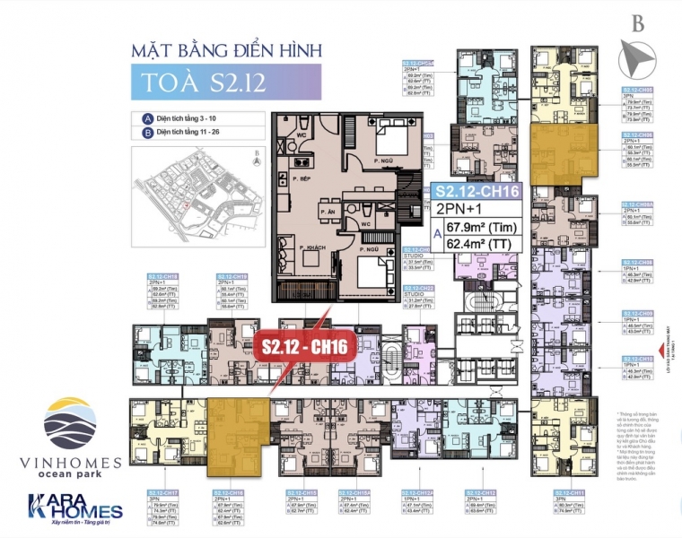 Bán căn hộ CH16, 2PN+1, 2WC, toà S2.12 phân khu Sapphire 2