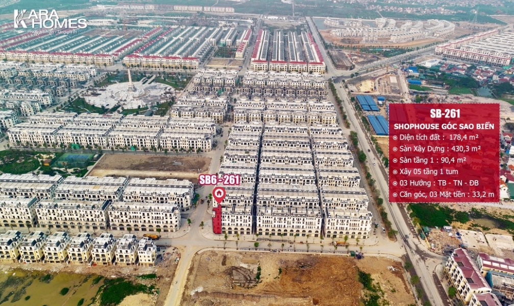 Cho thuê căn Shophouse Góc Sao Biển SB-261, 03 mặt tiền, gần cụm 9 toà chung cư, công viên, nhà để xe 05 tầng nổi