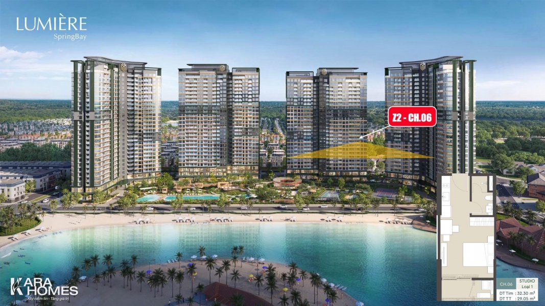 Bán căn hộ Studio Z2-CH.06 toà Feliz Lumière SpringBay, tầng trung, view toàn cảnh Vinwonder Wave Park