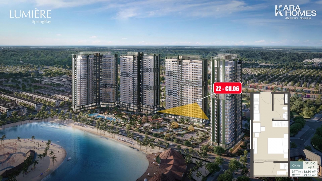 Bán căn hộ Studio Z2-CH.06 toà Feliz Lumière SpringBay, tầng trung, view toàn cảnh Vinwonder Wave Park