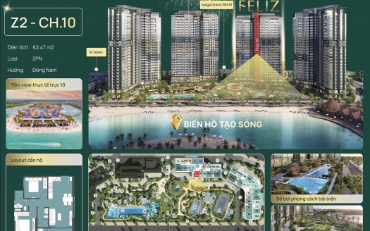 Bán căn GÓC 2PN trục Z2-CH.10 toà Feliz, tầng trung hướng Đông Nam view Vinwonders Wave Park